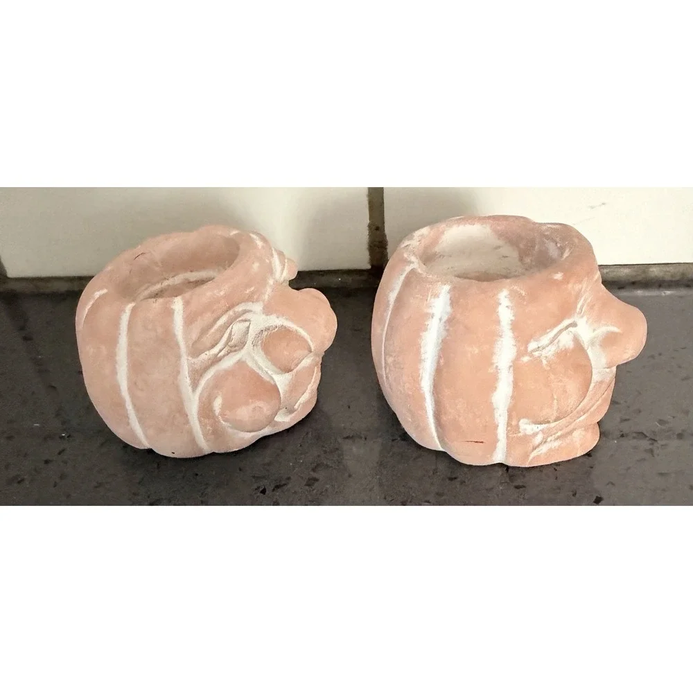 Vtg Terracotta Pumpkin Silly Whimsical Face Candle Holder Fall Halloween Lot 2